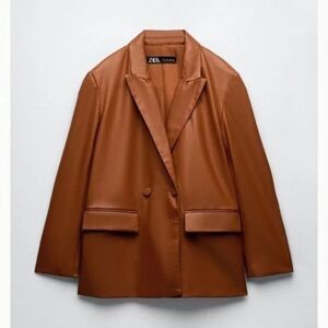 NWT Zara Faux Vegan Leather Oversized Boyfriend Brown Cognac Blazer Jacket